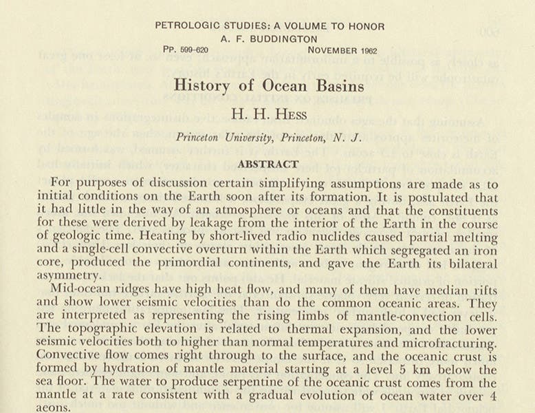 Detail of first page of article by Harry Hess, “History of Ocean Basins,” in Petrologic Studies, ed. by A.E.J. Engel et al, 1962 (Linda Hall Library)