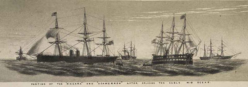 USS Niagara (left) and HMS Agamemnon, just after splicing their two cables in mid-Atlantic and heading for Newfoundland and Ireland, late July, 1858, detail of a tinted lithograph in Laying the Atlantic Telegraph Cable from Ship to Shore, by John R. Isaac, 1857-58 (Linda Hall Library)