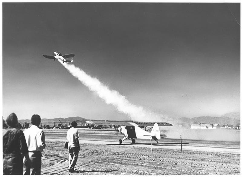 The first takeoff of an Encoupe aircraft, boosted by 4 JATO rockets, Aug. 12, 1941 (NASA/JPL via airspacemag.com)