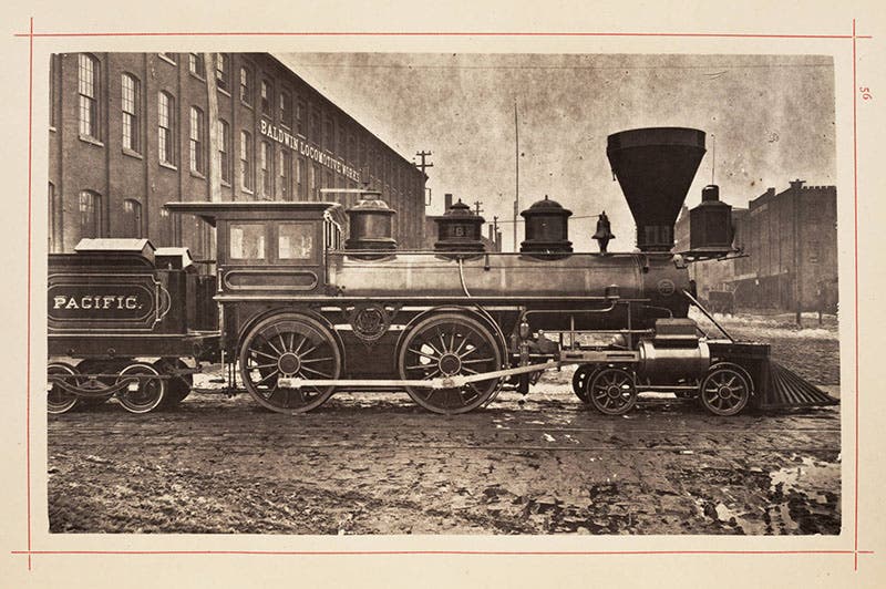 Pacific, a Baldwin 4-4-0 locomotive built in the 1850s, on a track in front of the Baldwin Locomotive Works, Philadelphia, albumen photograph, from Baldwin Locomotive Works, Illustrated Catalogue of Locomotives, ca 1872 (Linda Hall Library)