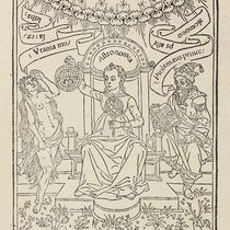 Frontispiece, woodcut, depicting Urania, Astronomia, and Ptolemy, Sphaera mundi, by Johannes de Sacrobosco, publ. by Octavius Scotus, 1490 (Linda Hall Library)