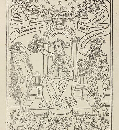 Frontispiece, woodcut, depicting Urania, Astronomia, and Ptolemy, Sphaera mundi, by Johannes de Sacrobosco, publ. by Octavius Scotus, 1490 (Linda Hall Library)