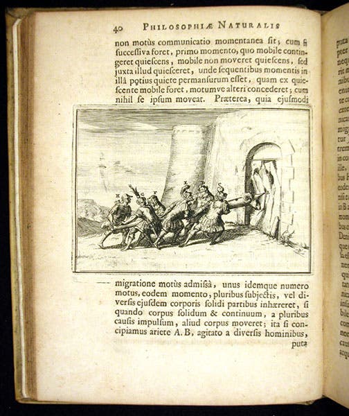 Battering ram, demonstrating Descartes’ principle of inertia, text engraving in Wolferd Senguerd, Philosophia naturalis, 1685 (Linda Hall Library)