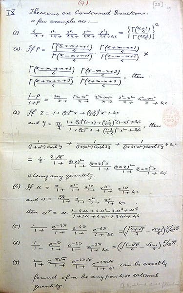 One of the hand-written pages that accompanied Ramanujan’s letter to G. H. Hardy, Jan. 16, 1913, Cambridge University Library (wolfram.com)