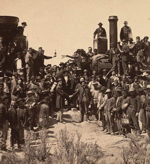 “East and West Shaking Hands at Laying of Last Rail,” Promontory Summit, Utah, imperial collodion glass negative, by Andrew J. Russell, May 10, 1869, Gilder Lehrman Collection (gilderlehrman.org)