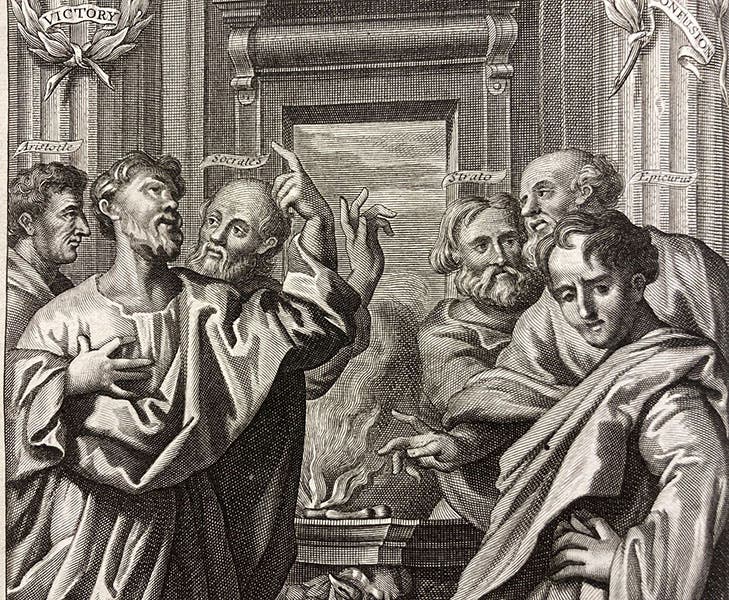 Detail of fourth image, with three theists at left (Aristotle, Pythagoras, Socrates), and three atheists at right (Strato, Anaximander, Epicurus), frontispiece to The True Intellectual System of the Universe, by Ralph Cudworth, 1678, (Linda Hall Library)