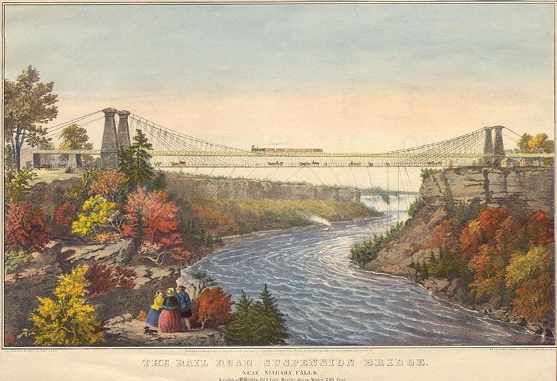 Niagara railroad suspension bridge, designed and built by John A. Roebling, completed 1855, chromolithograph, Currier & Ives, undated (Wikimedia commons)