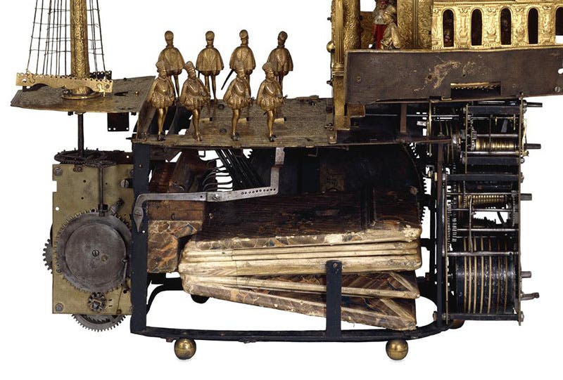Detail of the underworks of the British Museum clockwork galleon, seen from the port side (Wikimedia commons)