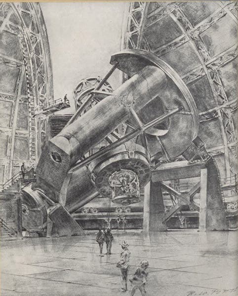 The 200-inch telescope at Mount Palomar, looking south, drawing by Russell W. Porter, frontispiece to David Woodbury, The Glass Giant of Palomar, 1944 (Linda Hall Library)