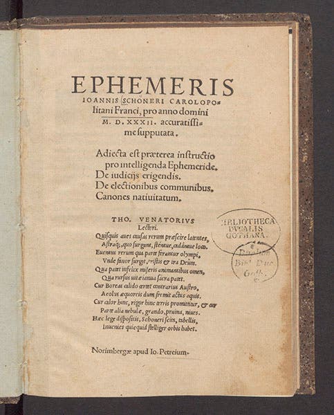 Title page, Johann Schöner, Ephemeris … pro anno Domini M.D.XXXII, 1531 (Linda Hall Library)