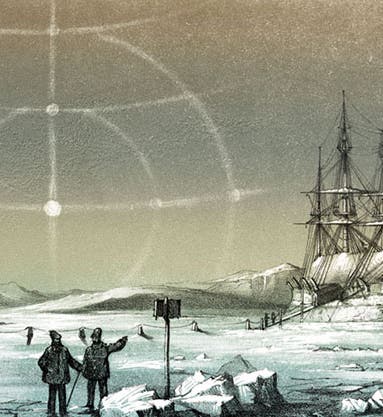 HMS <i>Assistance</i> and <i>Pioneer</i> frozen in at Northumberland Sound, under the light of a paraselene, or lunar halo, chromolithograph, in Edward Belcher, <i>The Last of the Arctic Voyages</i>, 1855 (Linda Hall Library)
