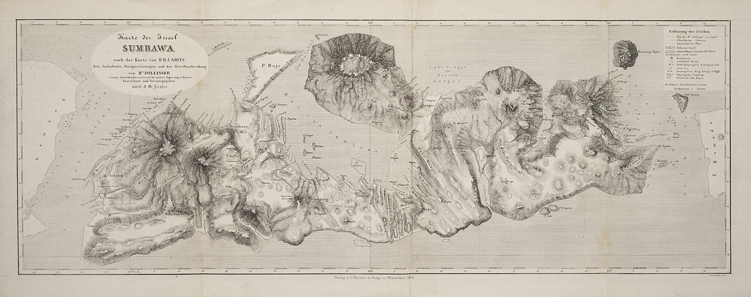 Map of Sumbawa, with the Tambora crater at top center, engraving from Zollinger, Besteigung des vulkanes Tambora, 1855 (Linda Hall Library)