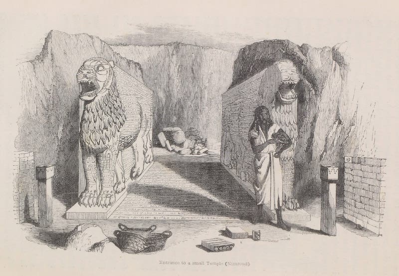 Entrance to a small temple at Nimrud, engraving, Austen Henry Layard, Discoveries in the Ruins of Nineveh and Babylon, 1853 (Linda Hall Library)