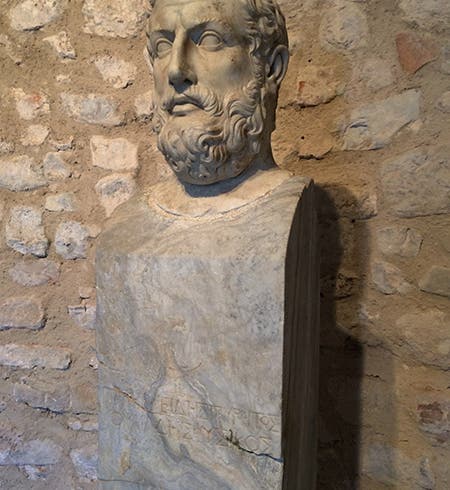 Bust found in Velia, Italy, with the name of Parmenides as part of the inscription; Velia is the Roman name for Elea (Wikimedia commons)