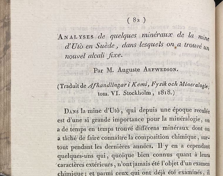 Section of an article where Jons Jakob Berzelius praises and credits the discovery of lithium to August Arfwedson, Journal für Chemie und Physik, vol. 21, p. 45, 1817 (Linda Hall Library)