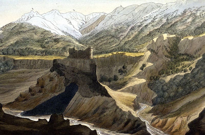 Eroded basalt and lava valleys in Auvergne, detail of hand-colored engraving, George Poulett Scrope, Memoir on the Geology of Central France, 1827 (Linda Hall Library)