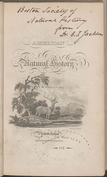 Title page, American Natural History, by John Godman, vol. 1, 1831; title-page vignette by James Peale (Linda Hall Library)