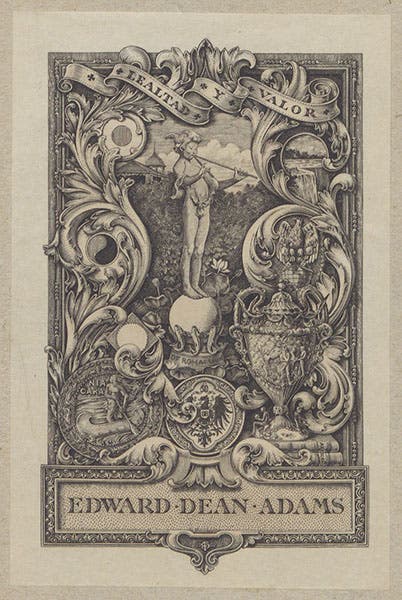 Bookplate of Edward Dean Adams, with several visual references to Niagara Falls, on inside front cover of Pomponiius Mela, De orbis situ, 1522 (Linda Hall Library)