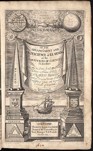 Engraved title page, Of the Advancement and Proficience of Learning, by Francis Bacon, edited by William Rawley, engraved by William Marshall, 1640 (Linda Hall Library)