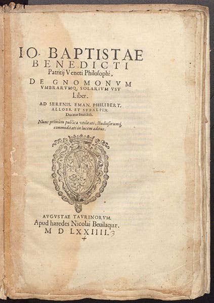 Title page, De gnomonum umbrarumque, by Giovanni Battista Benedetti, 1574 (Linda Hall Library)