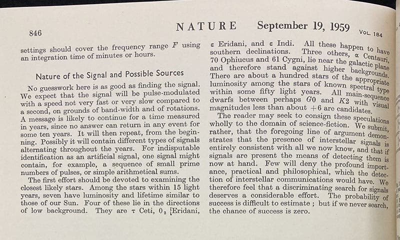Last paragraph of “Searching for interstellar communications,” by Giuseppe Cocconi and Philip Morrison, where they conclude by saying: “The probability of success is difficult to estimate; but if we never search, the chance of success is zero,” in Nature, vol. 184, p. 846, Sep. 19, 1959 (Linda Hall Library)