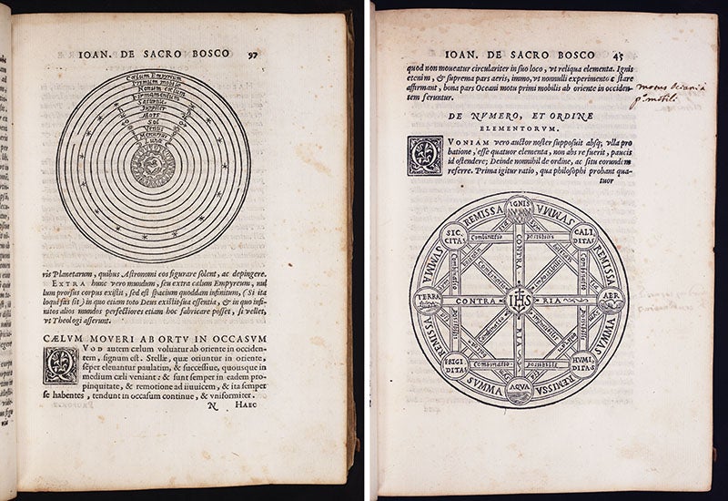 Two pages from Clavius’s Sphaera, showing a geocentric cosmos (left) and a diagram of the four elements and qualities (right), 1570 (Linda hall Library)