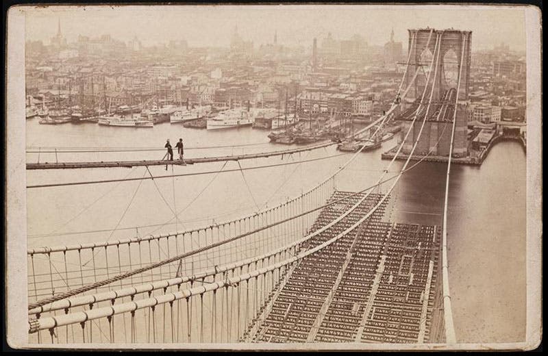 Brooklyn Bridge under construction, view from one of the towers, photograph, 1882, Museum of the City of New York (collections.mcny.org)