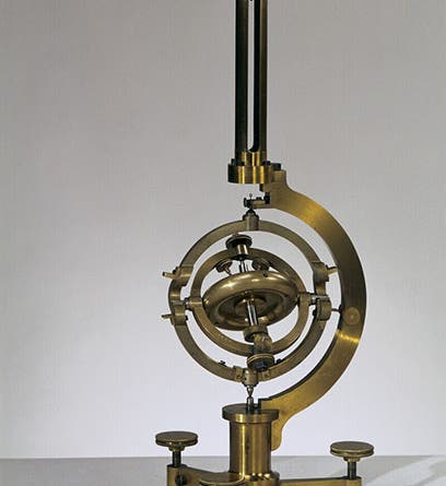 Foucault gyroscope, made under the direction of Léon Foucault, 1852, by Paul-Gustave Froment, for the purpose of demonstrating the rotation of the Earth, Musée des arts et métiers, Pais (arts-et-metiers.net/muse)