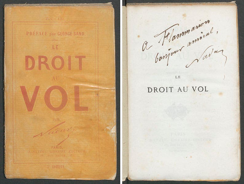 Front cover, and half-title with presentation inscription, Le droit au vol, by Nadar, [1865] (Linda Hall Library)