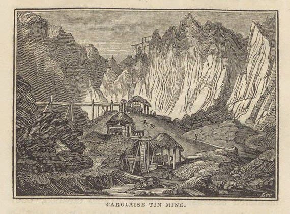 “Carglaise Tin Mine,” wood-engraved headpiece to Sect. 10, William Thomas Brande, Outlines of Geology, 1829 ed. (Linda Hall Library)