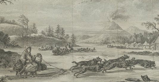De Lesseps on a dogsled near the active volcano Tolbachik on the Kamchatka peninsula, detail of the fifth image (Linda Hall Library)