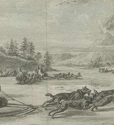 De Lesseps on a dogsled near the active volcano Tolbachik on the Kamchatka peninsula, detail of the fifth image (Linda Hall Library)