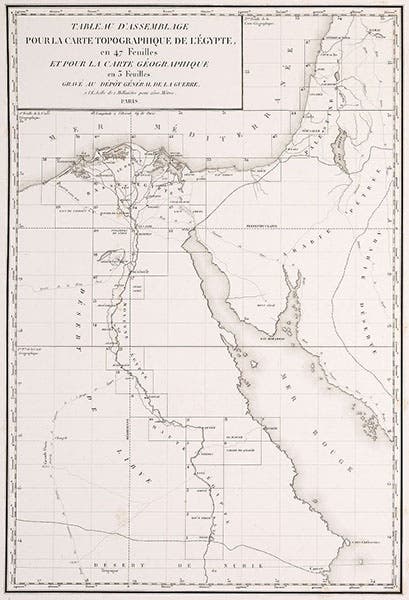 Index map to the 47 maps that follow, in Carte topographique de l’Égypt, by Pierre Jacotin, part of the Description de l’Égypt, 1809-28 (Linda Hall Library)