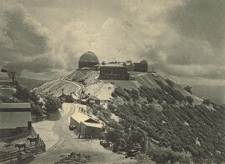 Lick Observatory on Mount Hamilton, photograph, 1900; the James Lick refractor is inside the large dome (Wikimedia commons)