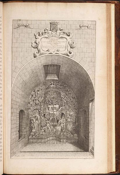 The grotto at Enstone, restored by Edward Henry Lee, 1st Earl of Lichfield; the plate is dedicated to his wife Charlotte, illegitimate daughter of King Charles II; engraved plate in The Natural History of Oxford-shire, by Robert Plot, 1676 (Linda Hall Library)