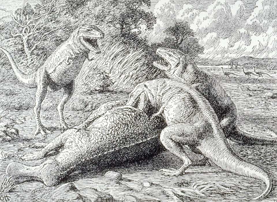 Gorgosaurs at the carcase of a Trachodon. This work was on display in the original exhibition as item 44. Image source: Heilmann, Gerhard. The Origin of Birds. New York, D. Appleton & Company, 1927, p. 172.