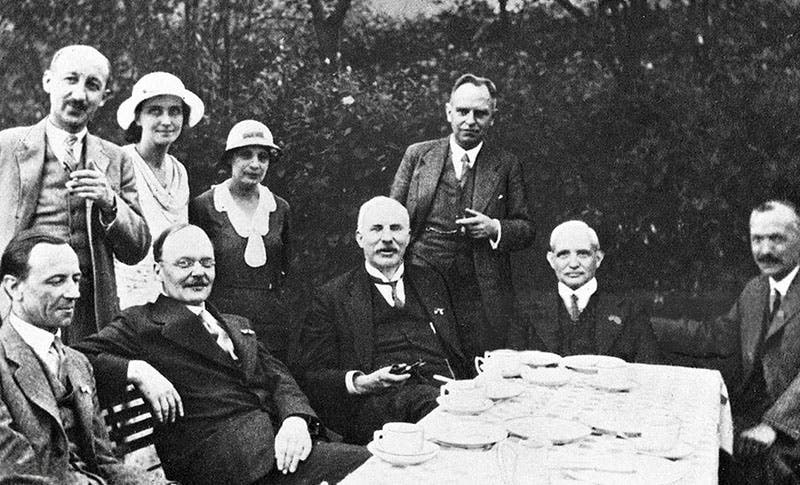 A gathering of physicists in Germany in 1932; James Chadwick is seated at far left; others include George de Hevesy, Hans Geiger, Lise Meitner, Ernest Rutherford, and Otto Hahn (Wikimedia commons)