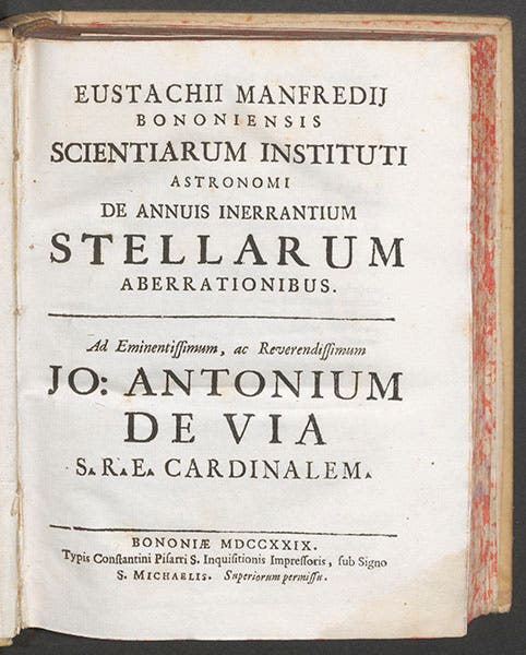 Title page of De annuis inerrantium, by Eustachio Manfredi, where he announced his discovery of the aberration of light, 1729 (Linda Hall Library)