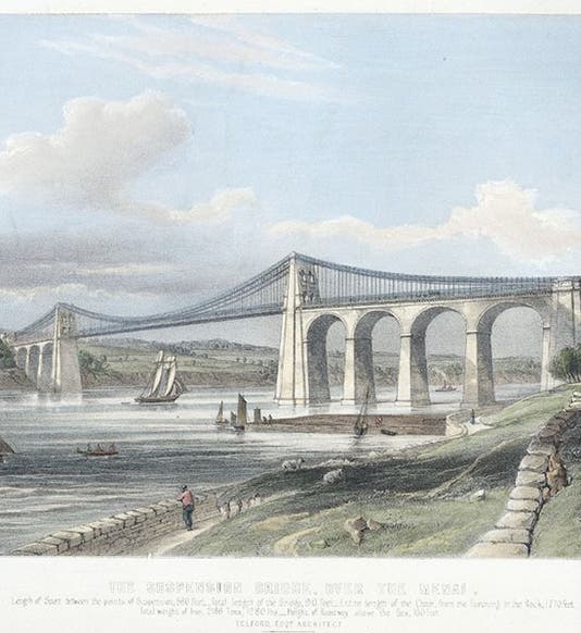 View of the Menai Suspension Bridge, opened on Jan. 30, 1826, tinted lithograph, 1840, National Library of Wales (Wikimedia commons)
