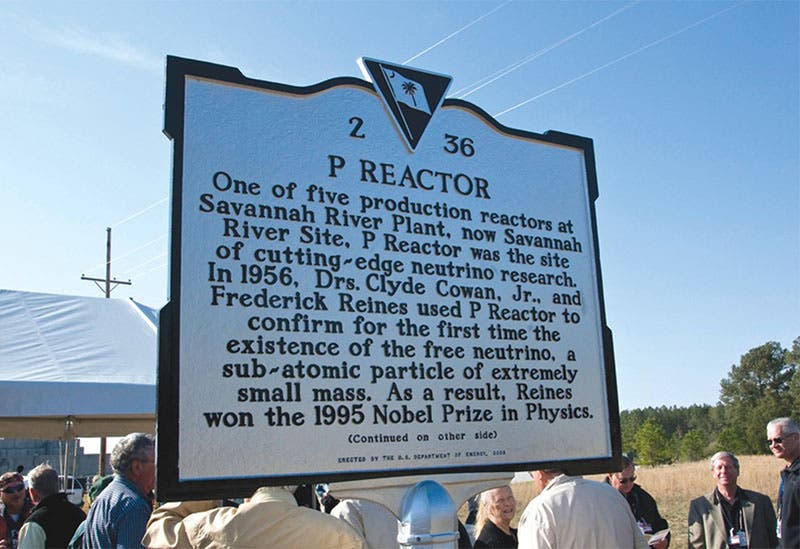 Sign at P Reactor, Savannah River Site, commemorating the detection of the neutrino in 1956 and the resulting Nobel Prize, 1995 (Wikimedia commons)