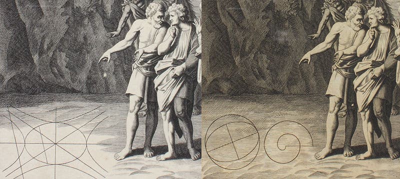 Details of the frontispieces to the opera of Apollonius (left) and Archimedes), revealing how Euclid’s triangles were replaced first by conic sections and then by Archimedean figures (Linda Hall Library)