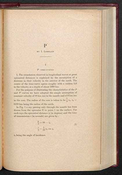 First page of Lehmann’s article, “ P’ ”, Publications du Bureau Central Séismologique, 1936 (Linda Hall Library)