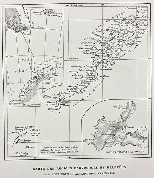 Map and enlarged map of itinerary of the first French expedition to Antarctica, 1903-05, which explored the islands off the west coast of the Antarctic Peninsula; the southern tip of South America is at the top; frontispiece to vol. 10 of Expédition antarctique française (1903-1905), by Jean-Baptiste Charcot, 18 vol., 1906-09 (Linda Hall Library)