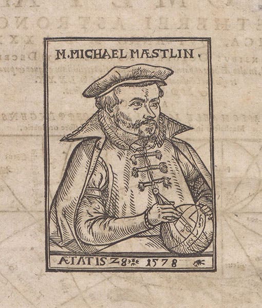 Portrait of Michael Maestlin, age 28, 1578, woodcut frontispiece, Consideratio & obseruatio cometae aetherei astronomica, qvui anno M D LXXX … in alto Aethere apparuit, by Michael Maestlin, 1581 (The Linda Hall)