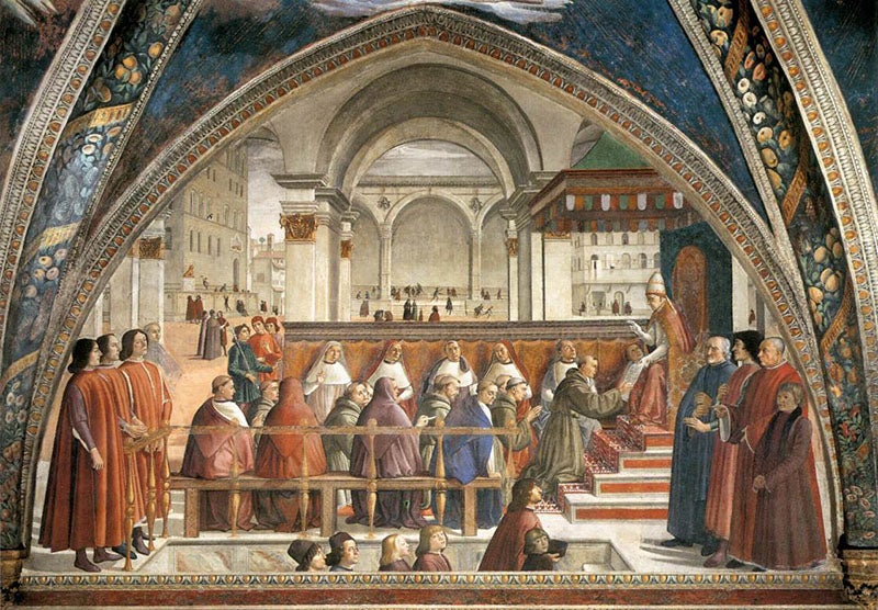 Confirmation of the Rule, fresco by Domenico Ghirlandaio, Sassetti Chapel, Church of Santa Trinita, Florence, 1483-85 (Wikimedia commons)