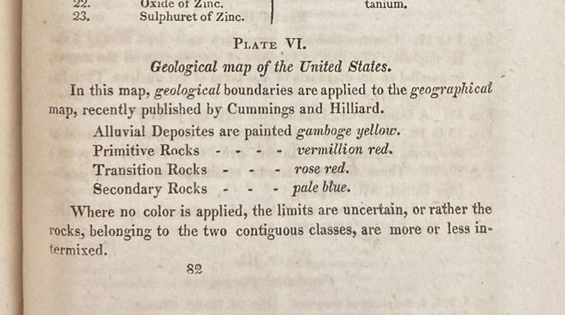 “Explanation” for plate 6, where Cleaveland explains the coloring of his geological map, including assigning the color “gamboge yellow” to alluvial deposits, An Elementary Treatise on Mineralogy and Geology, by Parker Cleaveland, p. 649, 1816 (Linda Hall Library)