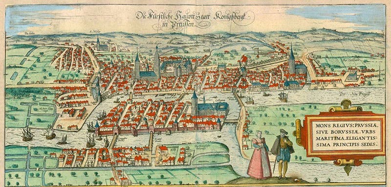 Map of Königsberg, hand-colored woodcut, late 16th-centeury. Six bridges are visible, the seventh is upstream from lower right (amusingplanet.com)