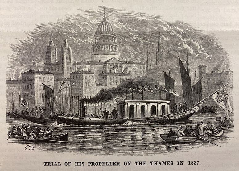 Demonstration of Ericsson’s screw propellers on the Thames, 1837, wood engraving, Scientific American, vol. 60(12), p. 182, Mar. 23, 1889 (The Linda Hall)