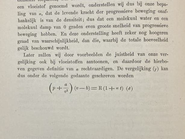 Van der Waals equation of state, in De Continuiteit van den Gas- en Vloeistoftoestand, by Johannes Diderick Van der Waals, 1873, in its clam-shell box (Linda Hall Library)