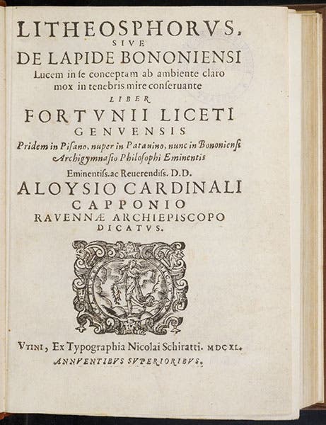 Title page, Litheosphorus, sive, De lapide Bononiensi, by Fortunio Liceti, 1640 (Linda Hall Library)